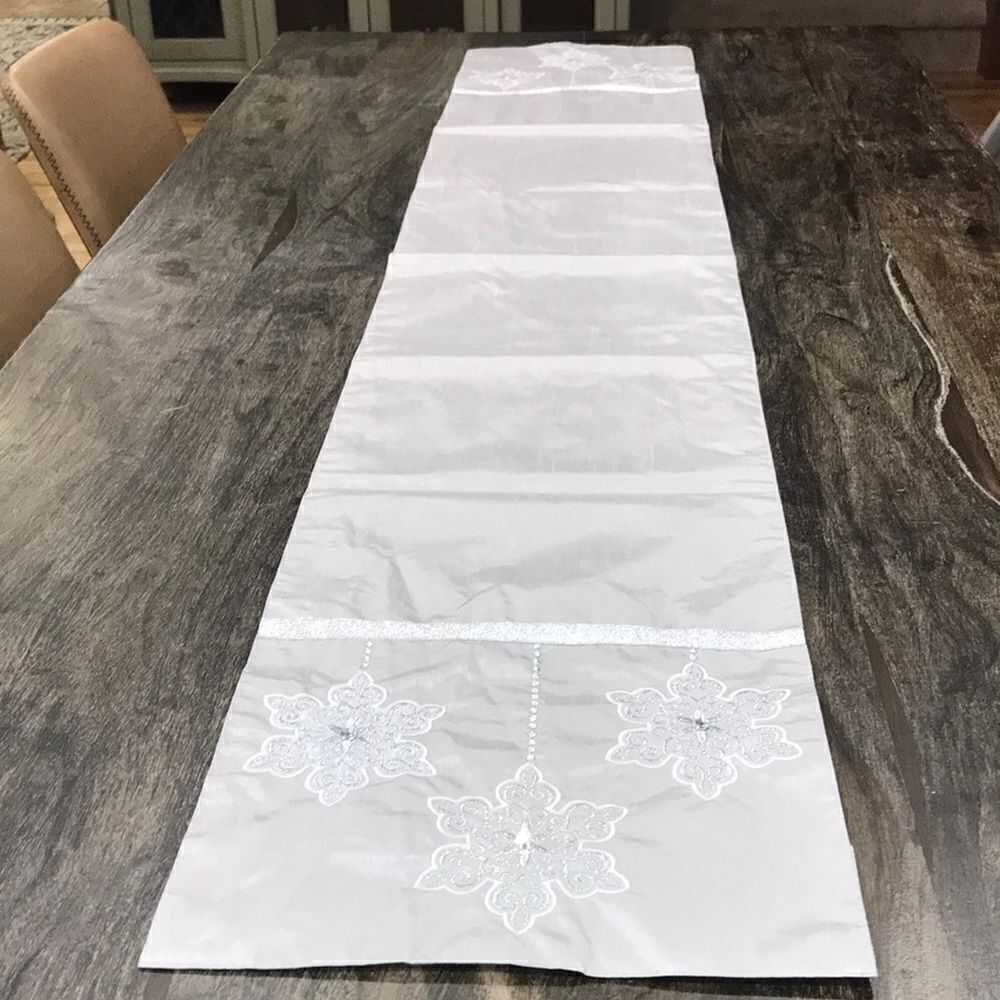 Metallic Gray Table Runner w Snowflake Embellishments